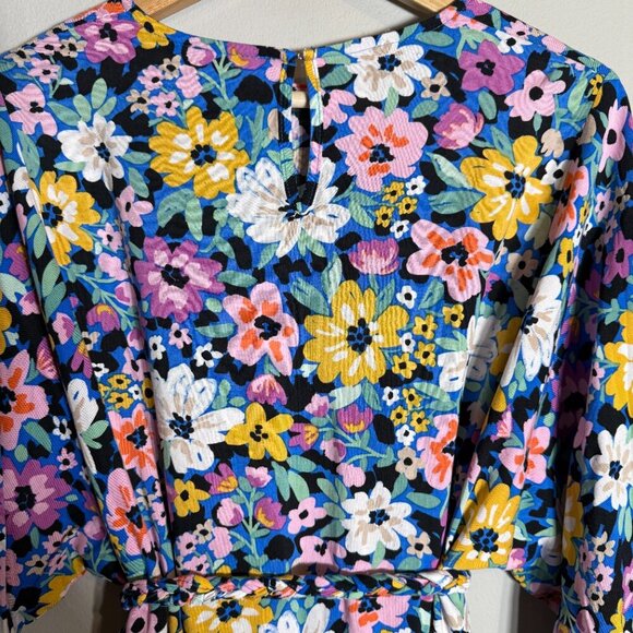 Storia Balloon Sleeve Floral Mini Swing Dress Women's Small Multicolor Belted - Picture 12 of 13